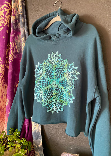 Large Upcycled Doily Teal Crop Hoodie