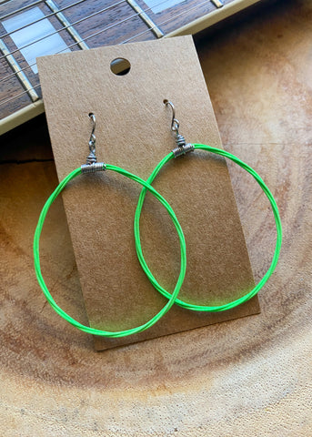 Green Teardrop Blacklight Phosphorescent Guitar String Hoop Earrings (thinner)