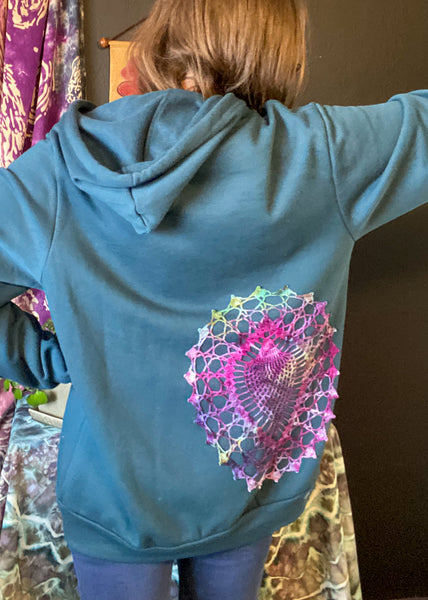X LARGE Upcycled Doily Teal Zip Up Hoodie