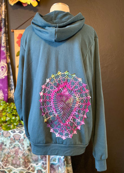 X LARGE Upcycled Doily Teal Zip Up Hoodie