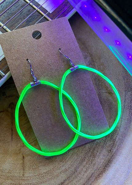 Green Teardrop Blacklight Phosphorescent Guitar String Hoop Earrings