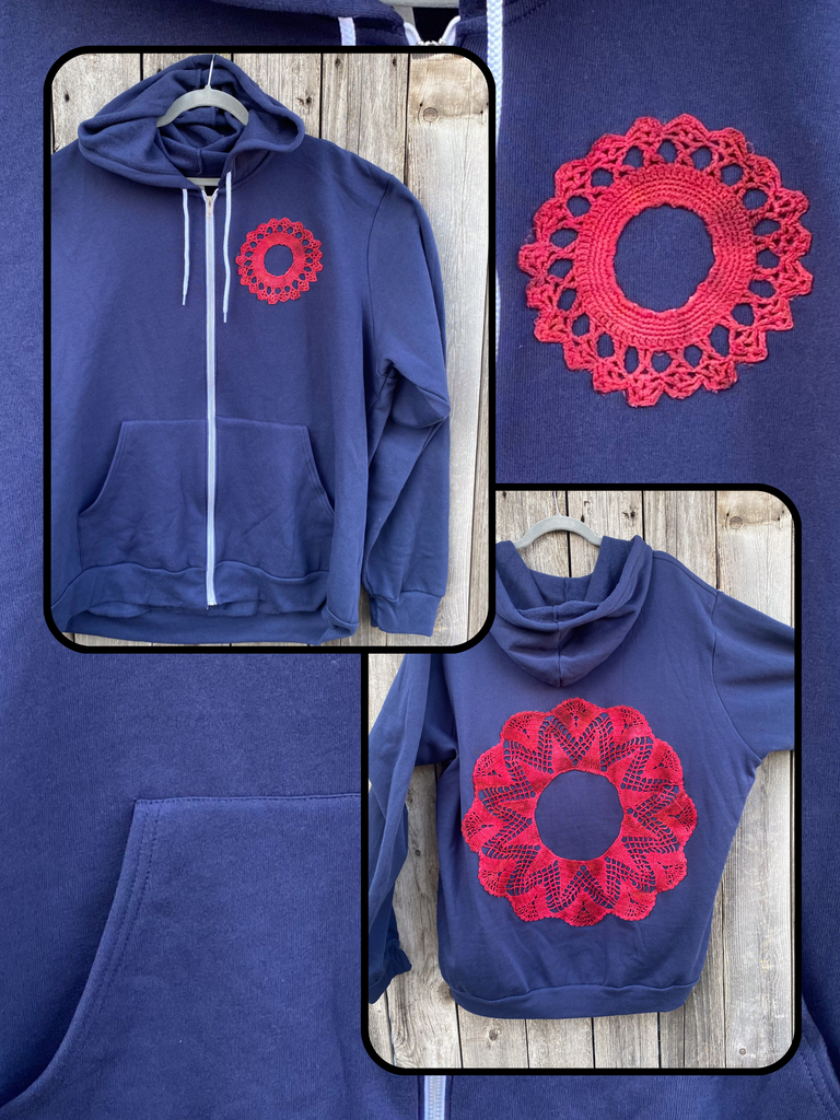 XXXLarge Blue Upcycled Donut Doily Phish Zip Up Hoodie Front and Bac Crazy Fingers Arts Crafts