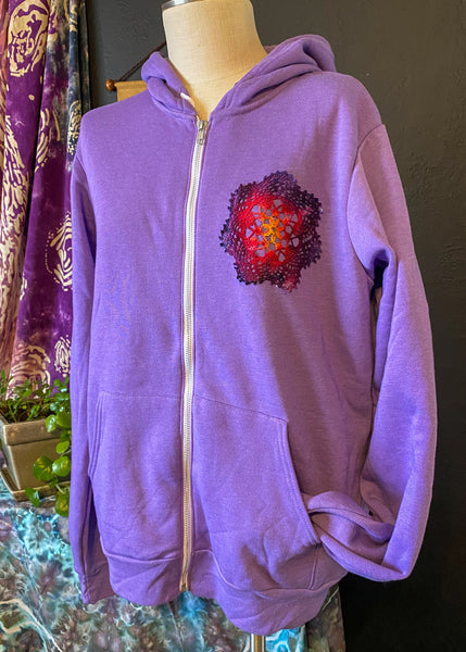 LARGE Upcycled Doily Purple Zip Up Hoodie