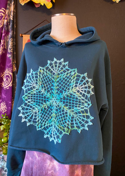 Large Upcycled Doily Teal Crop Hoodie