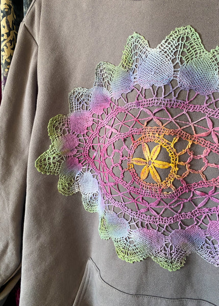 X LARGE Upcycled Doily Grey Pullover Hoodie