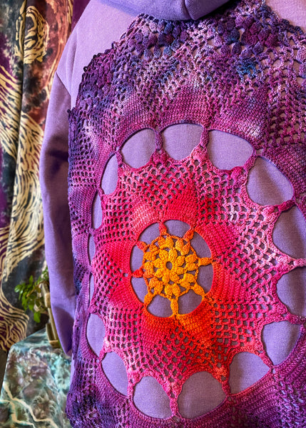 LARGE Upcycled Doily Purple Zip Up Hoodie