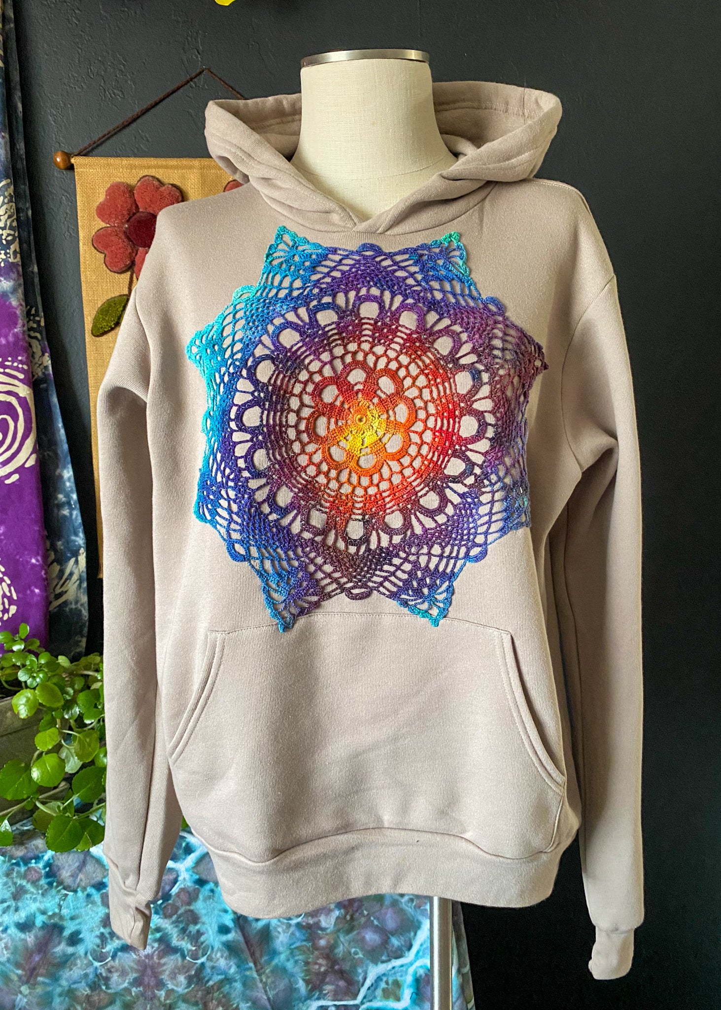 MEDIUM Upcycled Doily Pullover Hoodie