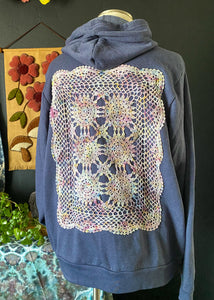 LARGE Upcycled Doily Navy Blue Zip Up Hoodie