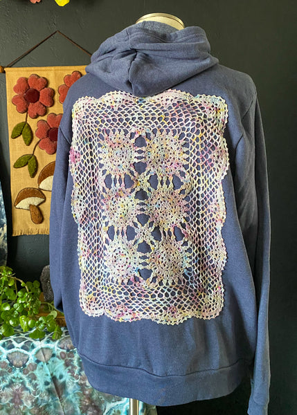 LARGE Upcycled Doily Navy Blue Zip Up Hoodie