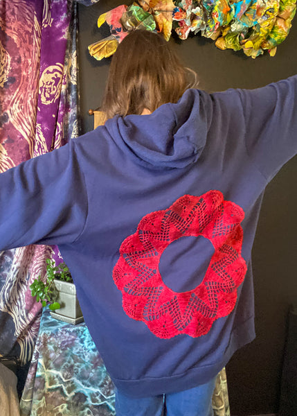 XXXLarge Blue Upcycled Donut Doily Phish Zip Up Hoodie - Front and Back Donut