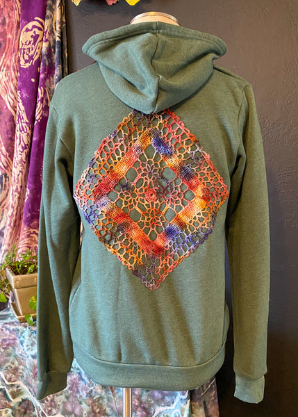 SMALL Upcycled Doily Green Zip Up Hoodie