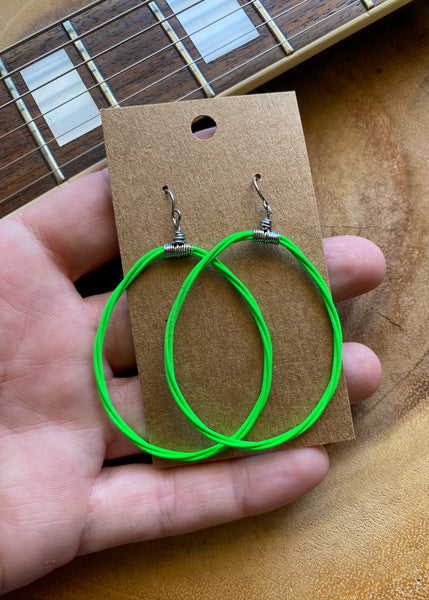 Green Teardrop Blacklight Phosphorescent Guitar String Hoop Earrings