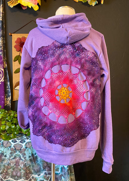 LARGE Upcycled Doily Purple Zip Up Hoodie