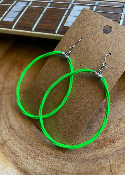 Green Teardrop Blacklight Phosphorescent Guitar String Hoop Earrings