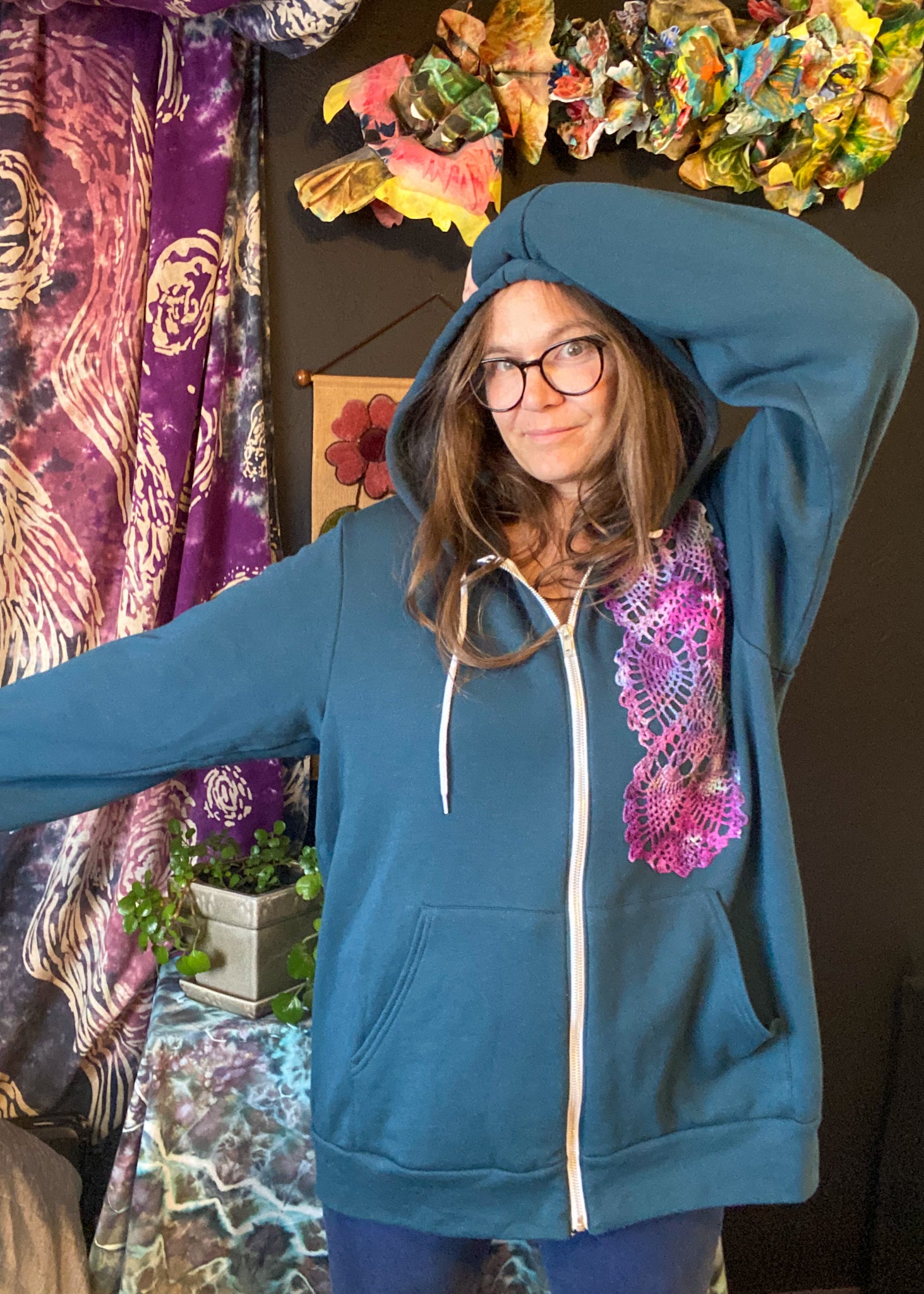 X LARGE Upcycled Doily Teal Zip Up Hoodie