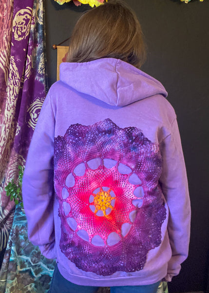 LARGE Upcycled Doily Purple Zip Up Hoodie