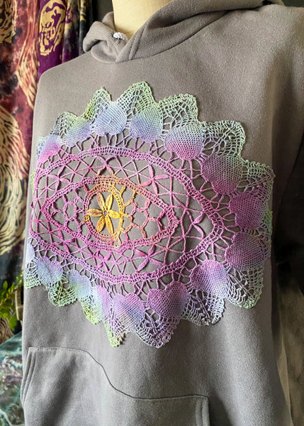 X LARGE Upcycled Doily Grey Pullover Hoodie