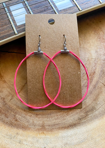 Pink Teardrop Blacklight Phosphorescent Guitar String Hoop Earrings