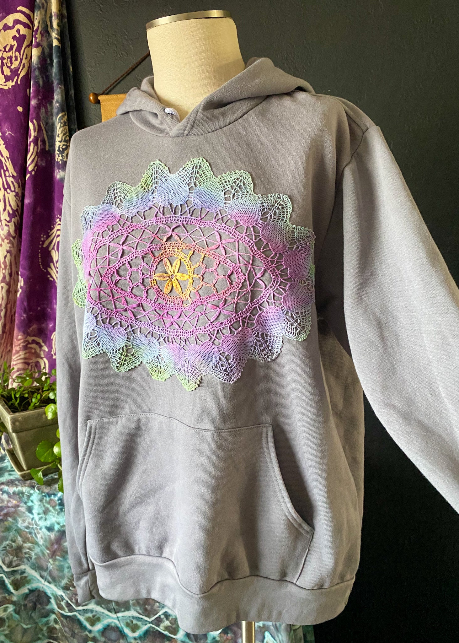 X LARGE Upcycled Doily Grey Pullover Hoodie