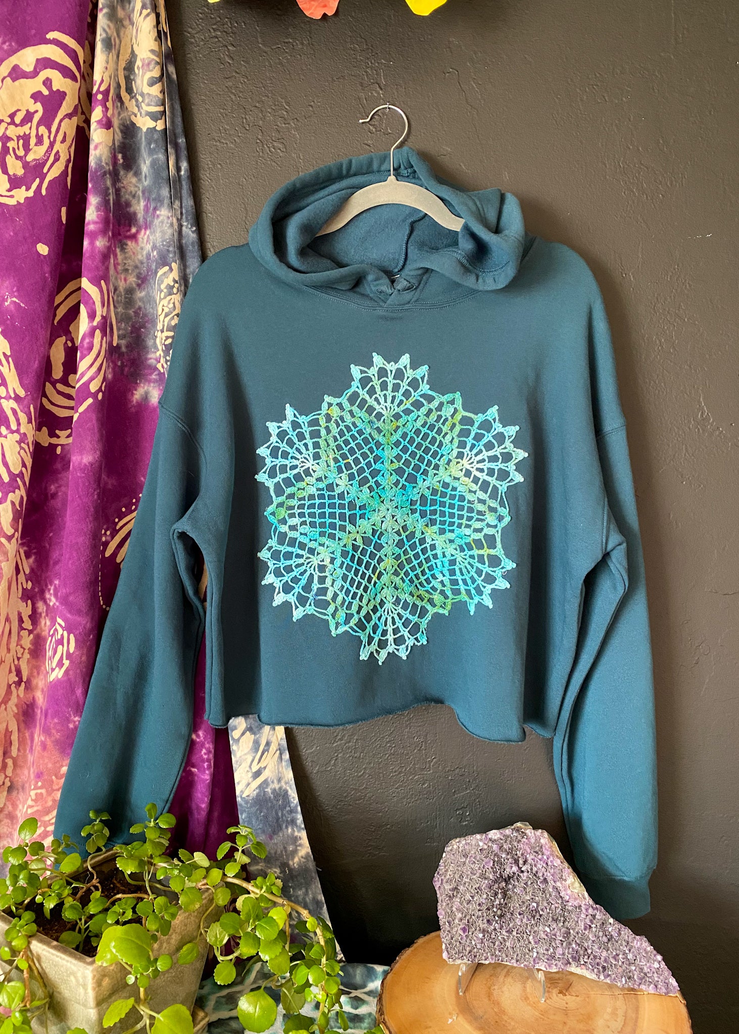 Large Upcycled Doily Teal Crop Hoodie
