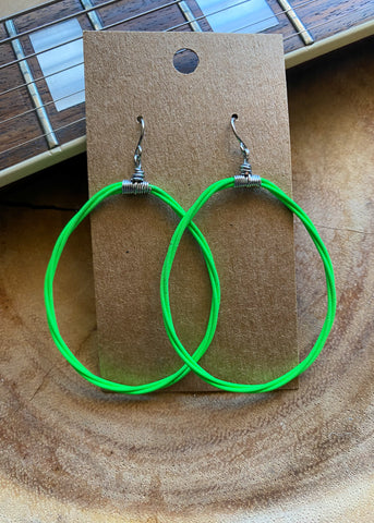 Green Teardrop Blacklight Phosphorescent Guitar String Hoop Earrings