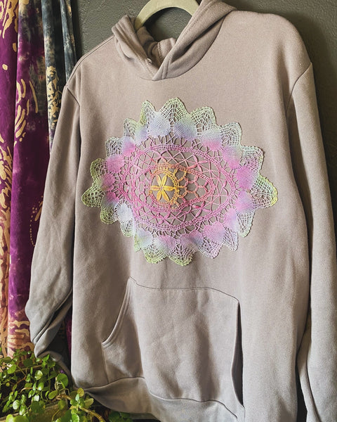 X LARGE Upcycled Doily Grey Pullover Hoodie