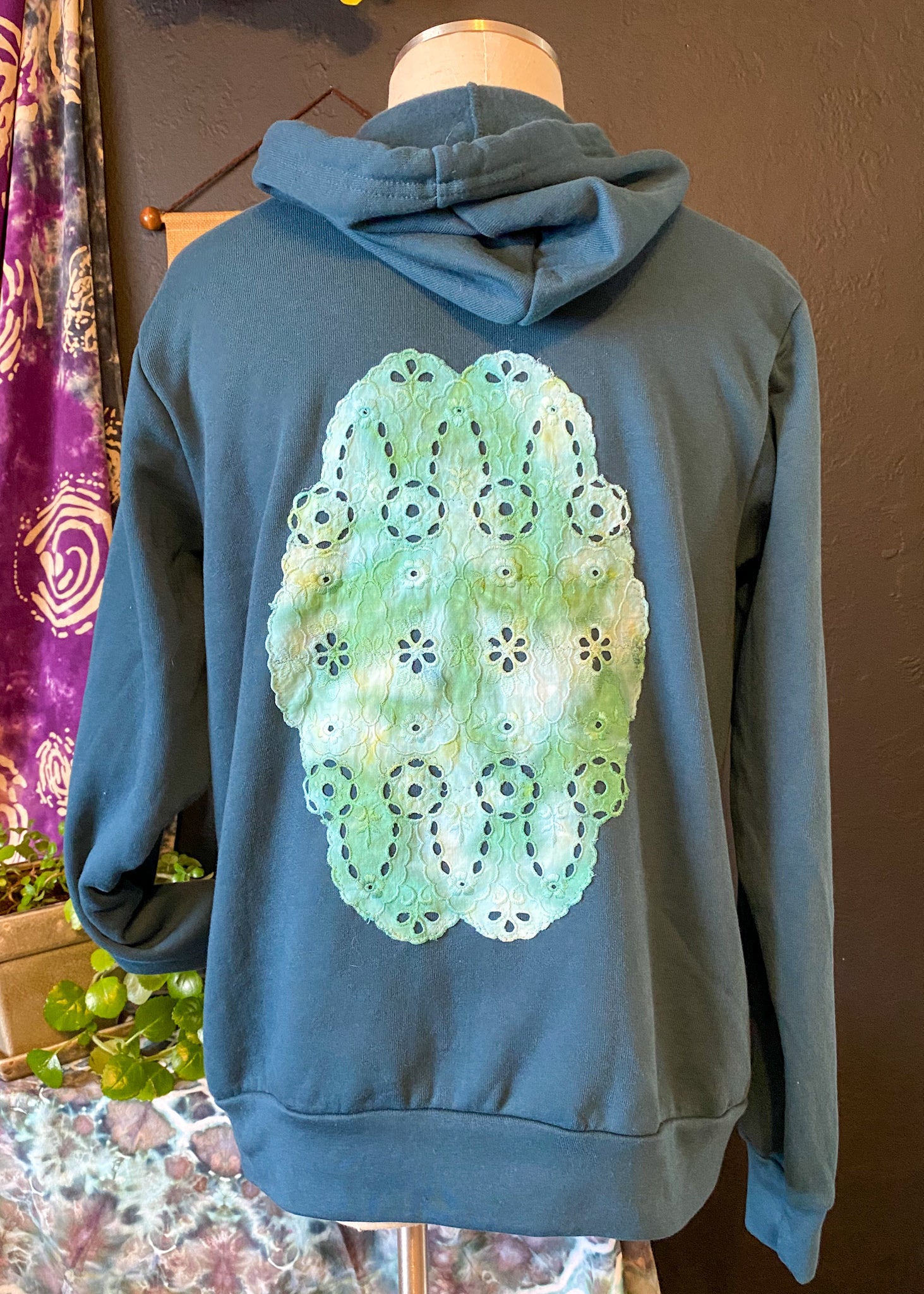 MEDIUM Upcycled Doily Teal Zip Up Hoodie