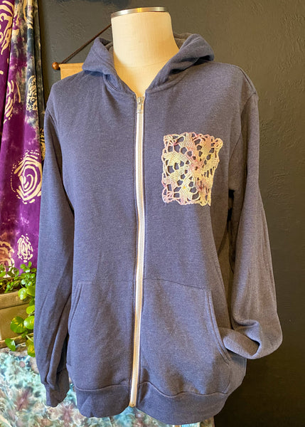 LARGE Upcycled Doily Navy Blue Zip Up Hoodie
