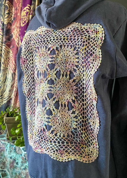 LARGE Upcycled Doily Navy Blue Zip Up Hoodie