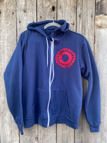 Medium Navy Upcycled Donut Doily Phish Zip Up Hoodie - 2 Donuts