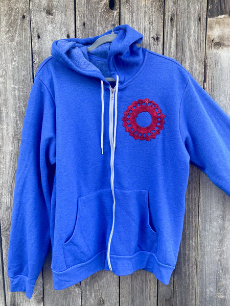 Large Blue Upcycled Donut Doily Phish Zip Up Hoodie - 2 Donuts