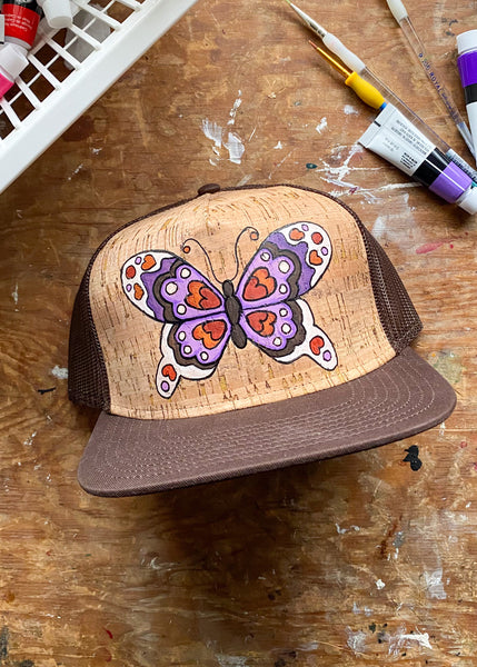 Purple and Cream Butterfly Cork Front Flat Brim Hat