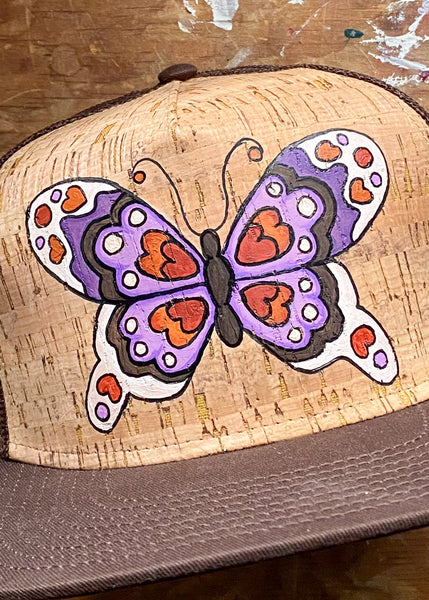 Purple and Cream Butterfly Cork Front Flat Brim Hat