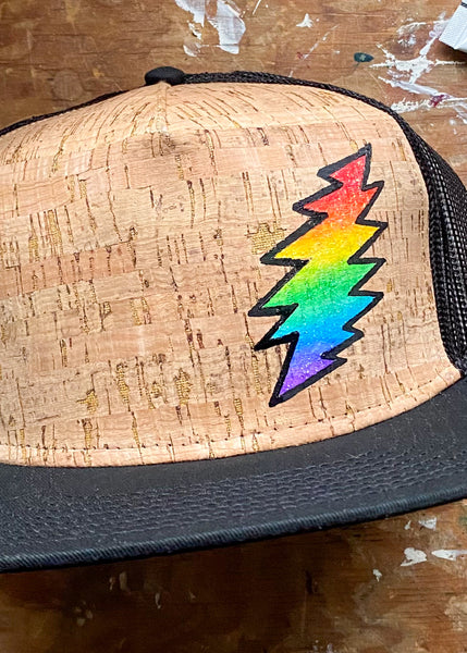 Sparkle Glitter Rainbow 13 Point Bolt Cork Front Flat Brim Hat