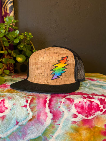 Sparkle Glitter Rainbow 13 Point Bolt Cork Front Flat Brim Hat