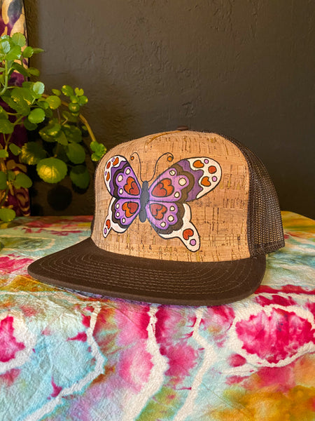 Purple and Cream Butterfly Cork Front Flat Brim Hat