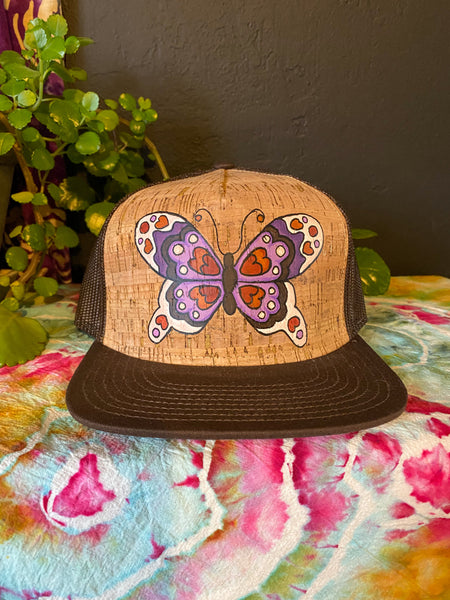 Purple and Cream Butterfly Cork Front Flat Brim Hat