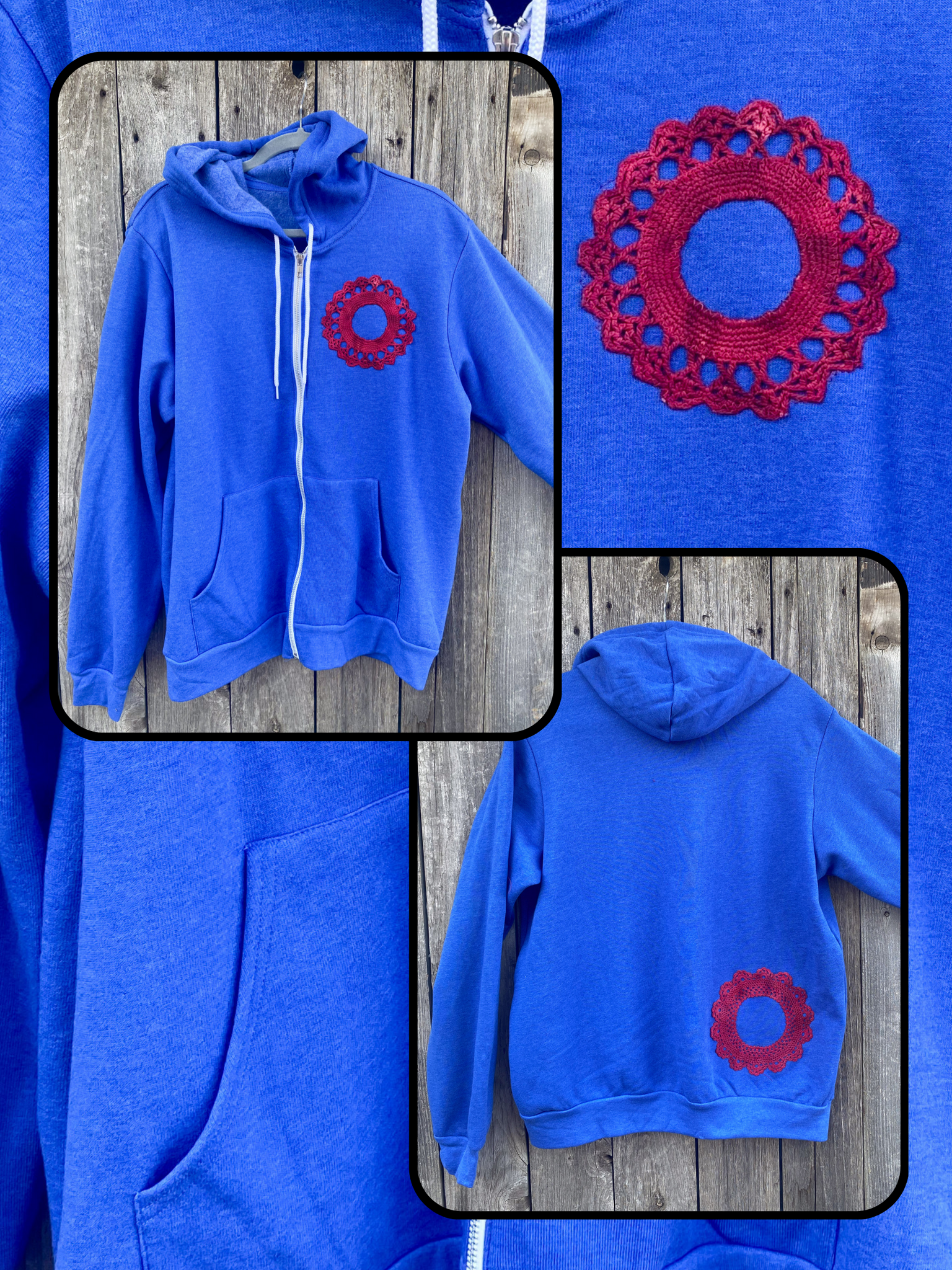 Large Blue Upcycled Donut Doily Phish Zip Up Hoodie - 2 Donuts