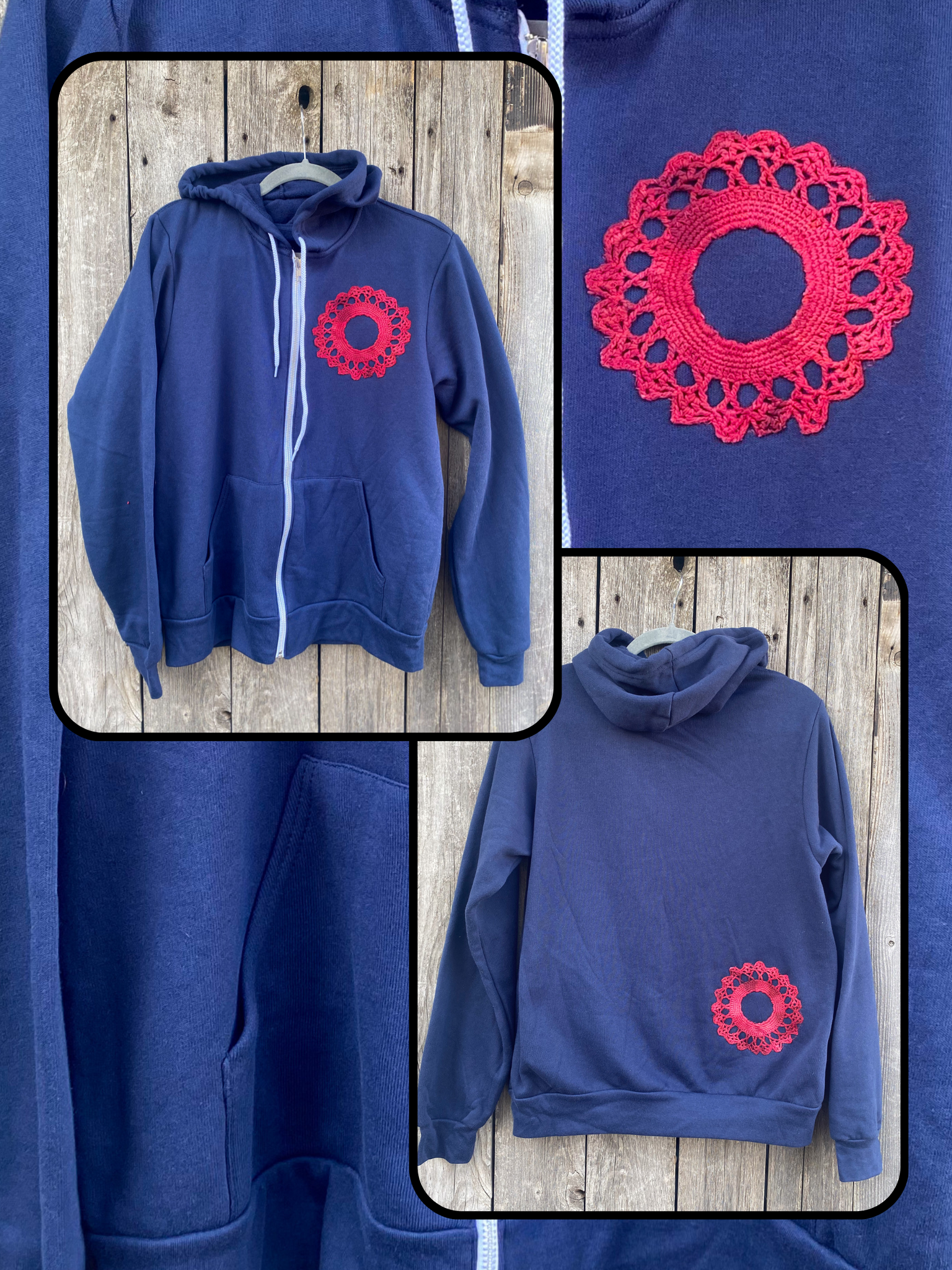 Medium Navy Upcycled Donut Doily Phish Zip Up Hoodie - 2 Donuts